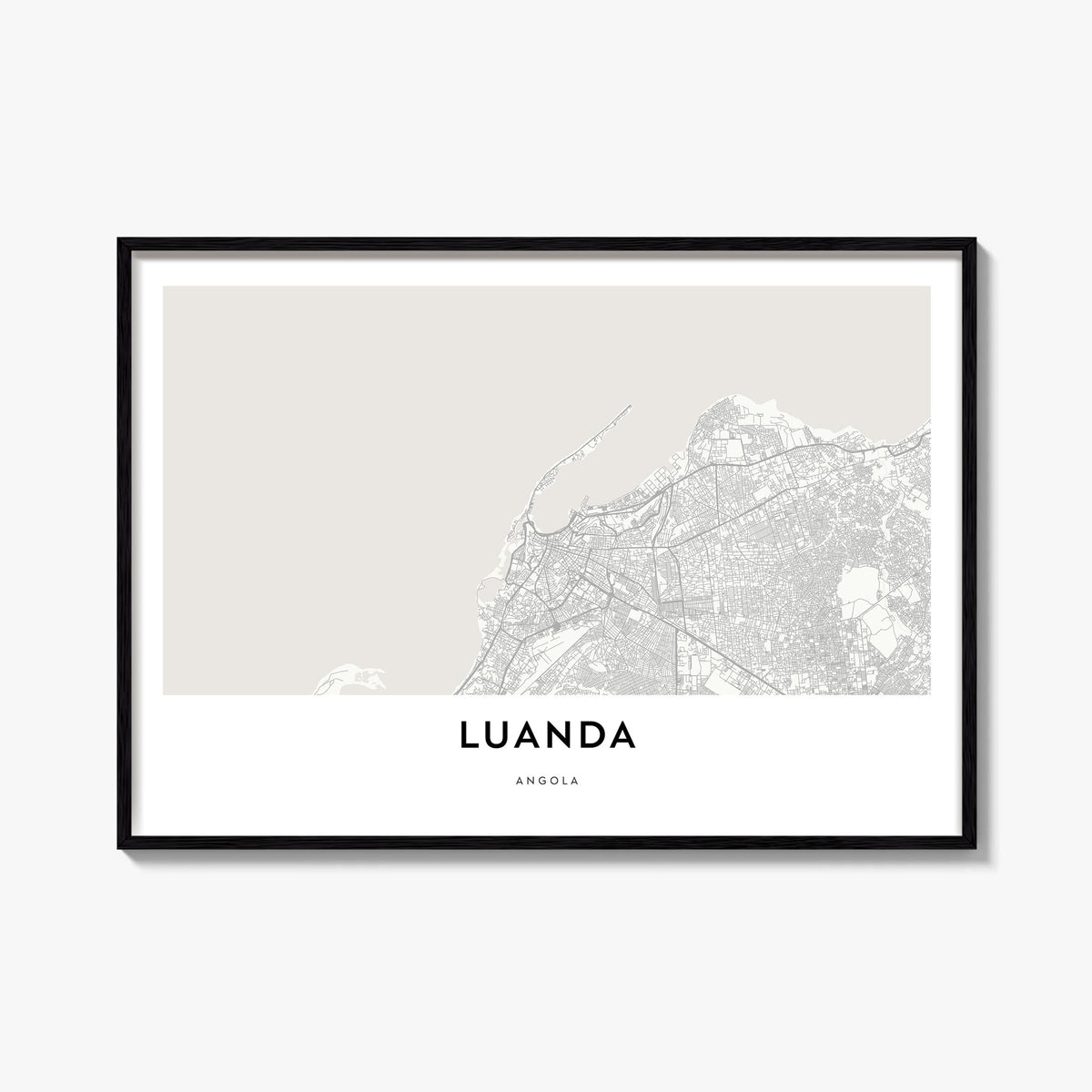 Luanda black & white map poster of Angola – horizontal wall art, unframed print shown in interior mockup
