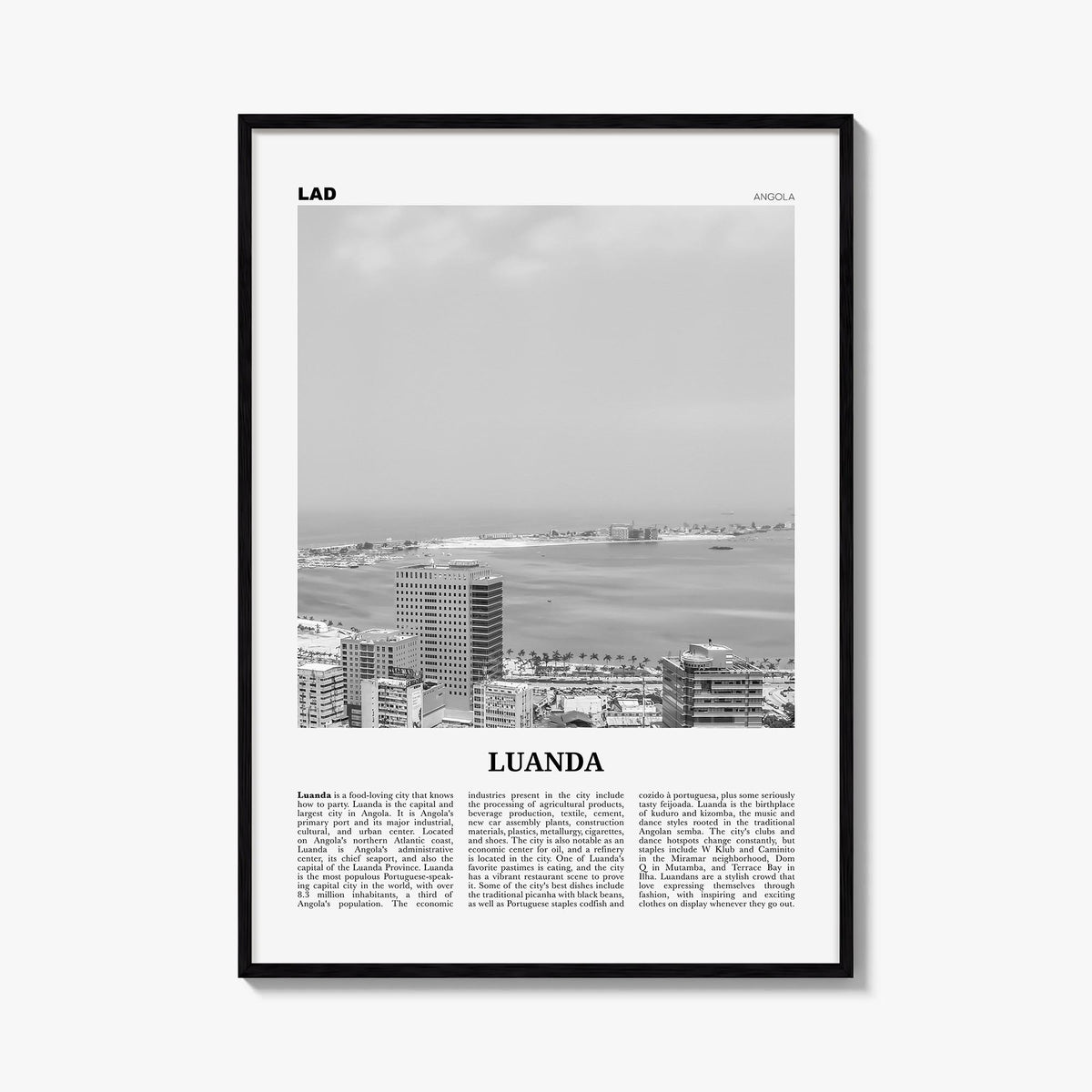 Luanda black & white newspaper poster of Angola – vertical wall art, unframed print shown in interior mockup