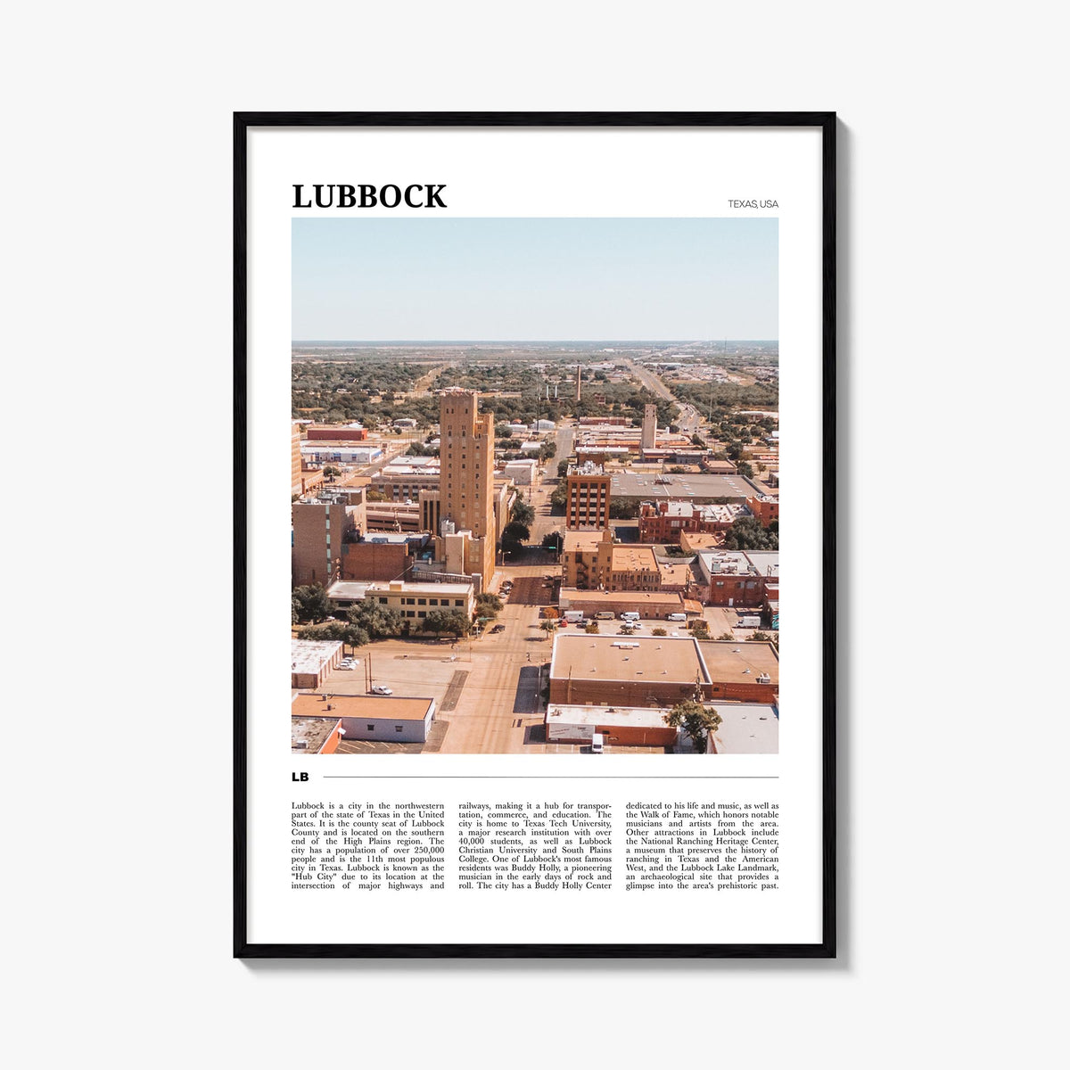 Lubbock colorful travel poster of Texas, USA – vertical wall art, unframed print shown in interior mockup