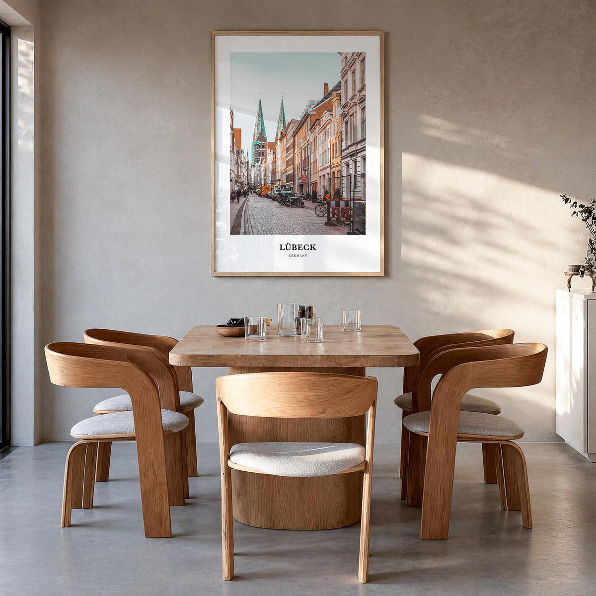 Lübeck colorful classic poster of Germany – vertical wall art in natural wood frame, hanging on wall