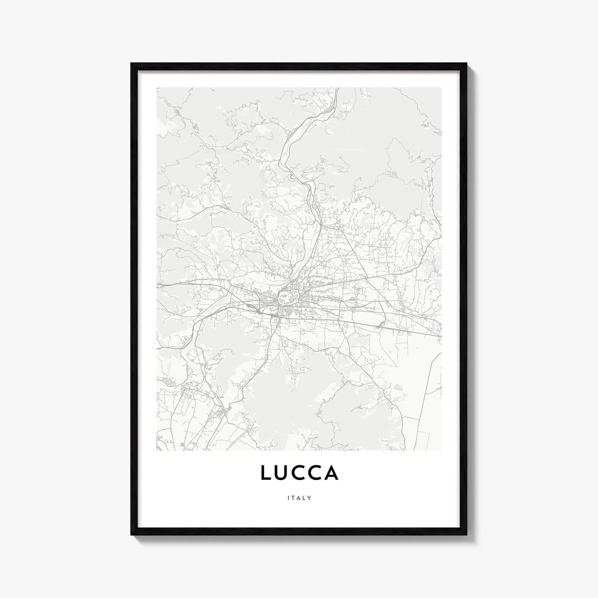Lucca black & white map poster of Italy – vertical wall art, unframed print shown in interior mockup