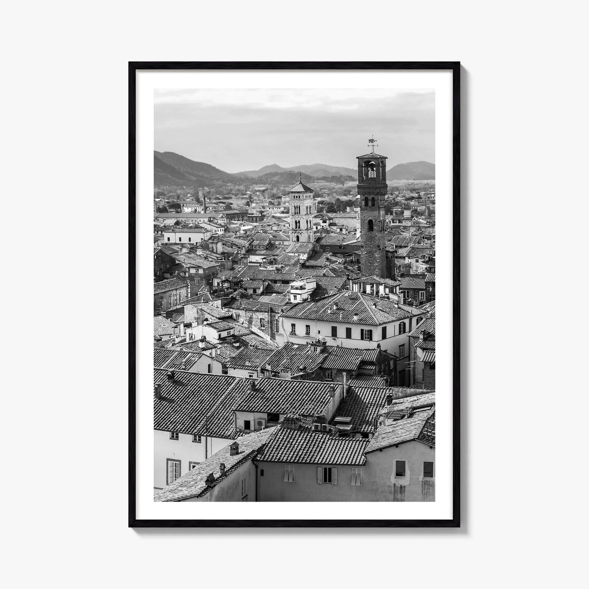Lucca black & white photo poster of Italy – vertical wall art, unframed print shown in interior mockup