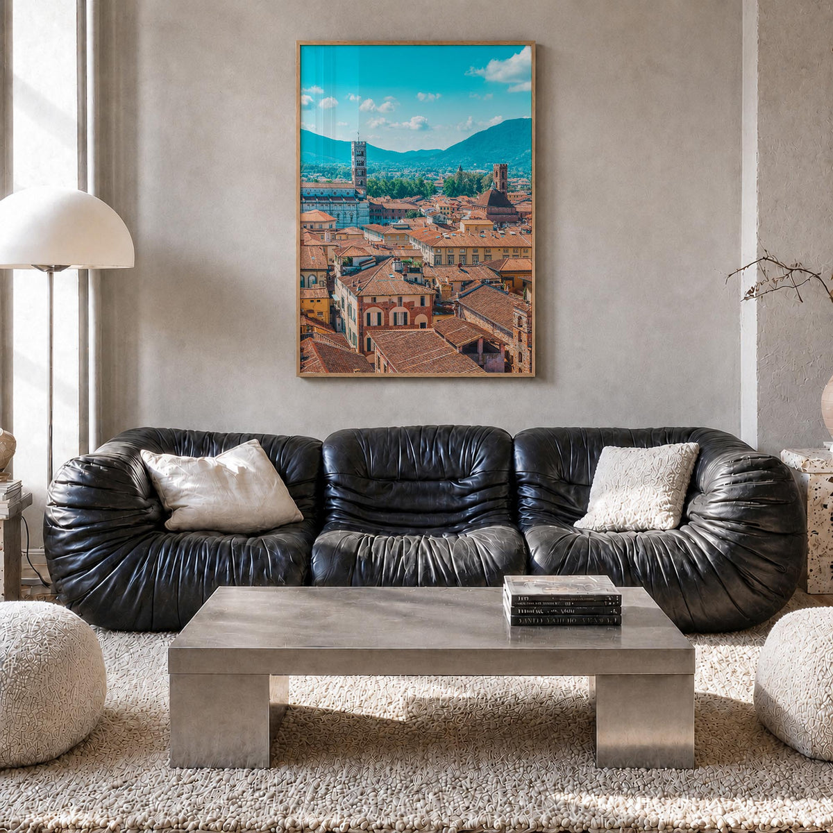 Lucca colorful photo poster of Italy – vertical wall art in natural wood frame, hanging on wall