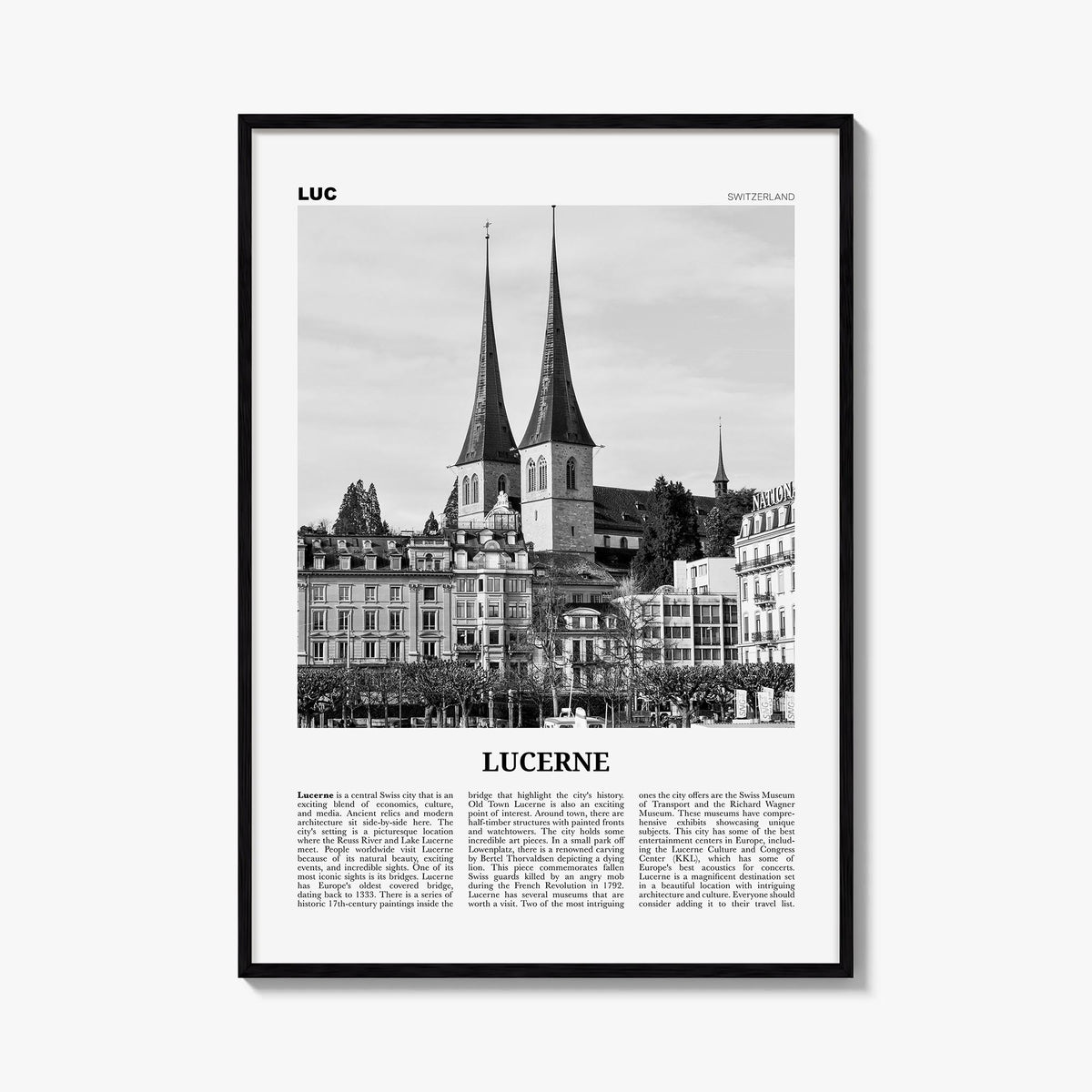Lucerne black & white newspaper poster of Switzerland – vertical wall art, unframed print shown in interior mockup