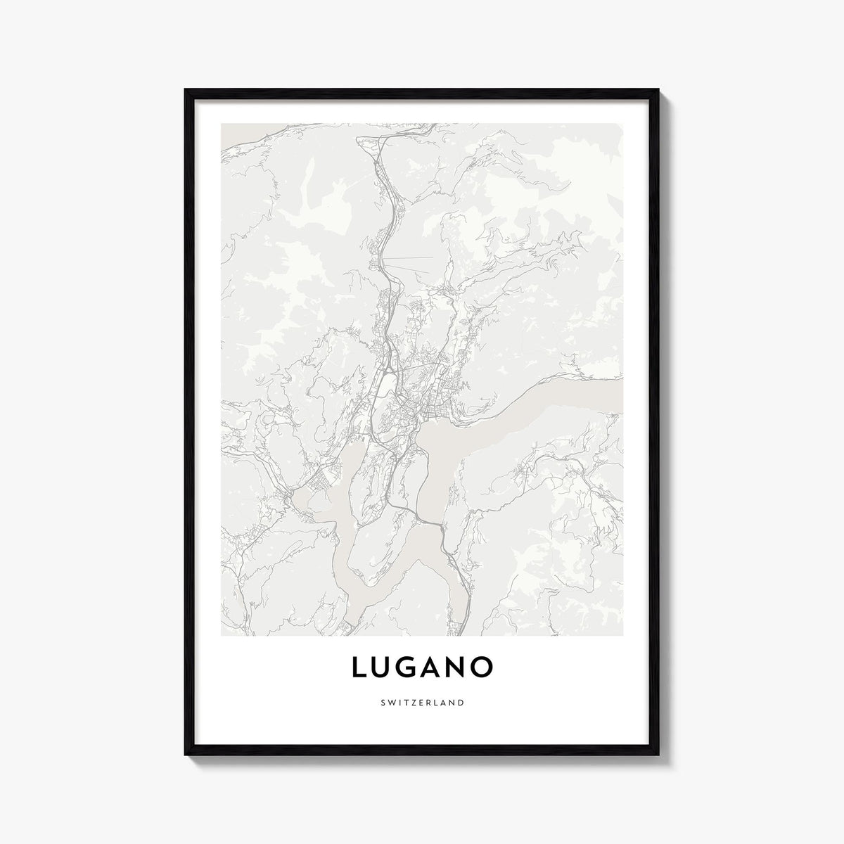 Lugano black & white map poster of Switzerland – vertical wall art, unframed print shown in interior mockup