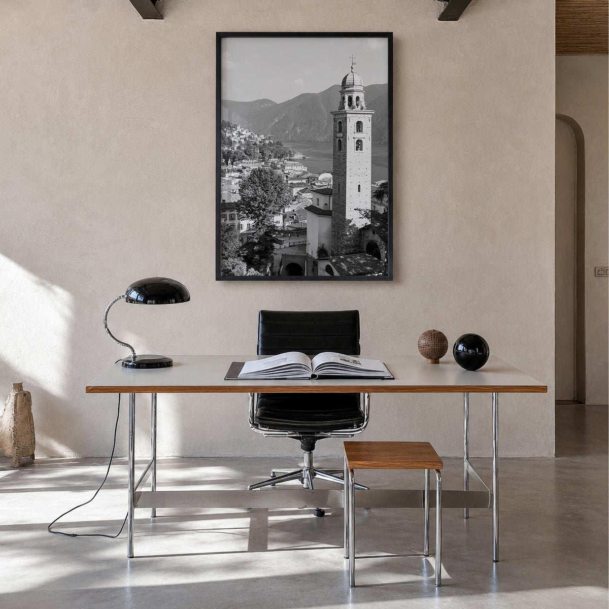 Lugano black & white photo poster of Switzerland – vertical wall art in black wood frame, hanging on wall