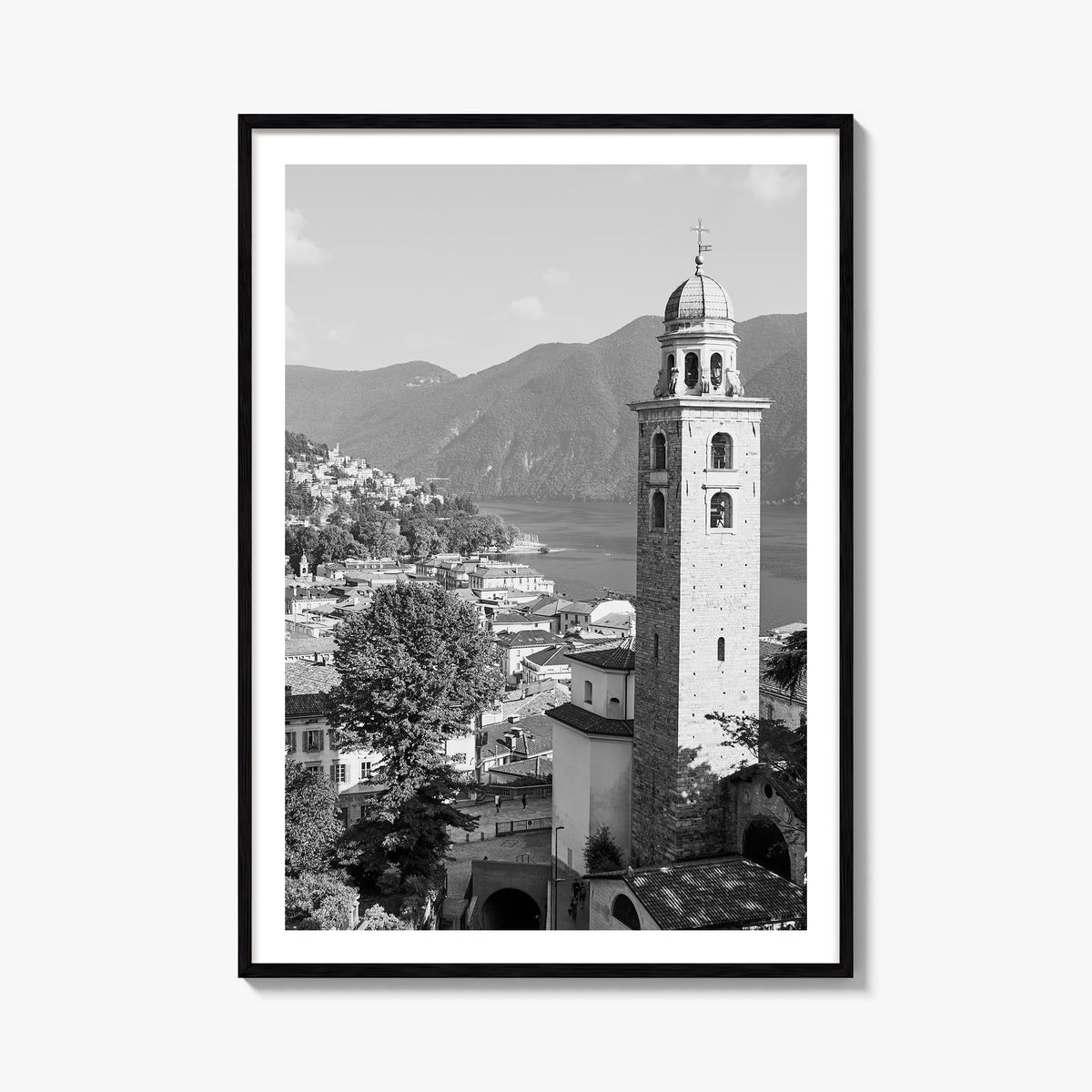 Lugano black & white photo poster of Switzerland – vertical wall art, unframed print shown in interior mockup