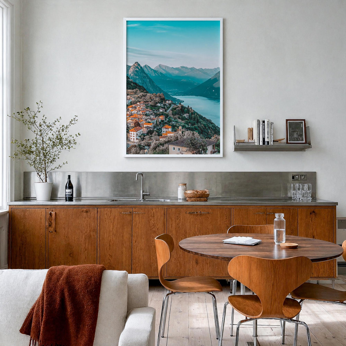 Lugano colorful photo poster of Switzerland – vertical wall art in white wood frame, hanging on wall