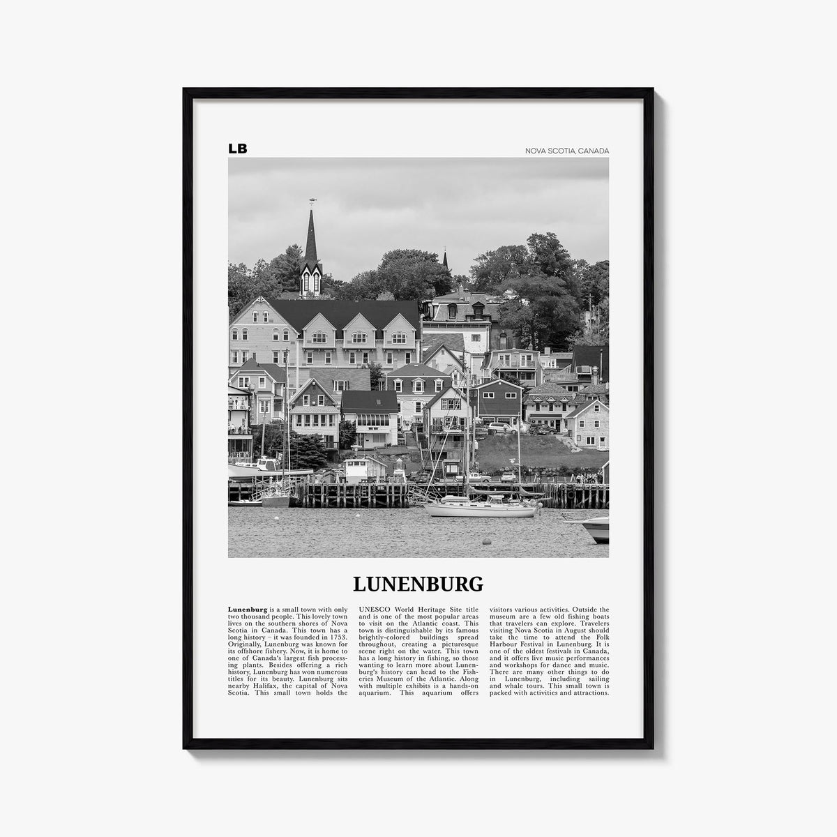 Lunenburg black & white newspaper poster of Canada – vertical wall art, unframed print shown in interior mockup