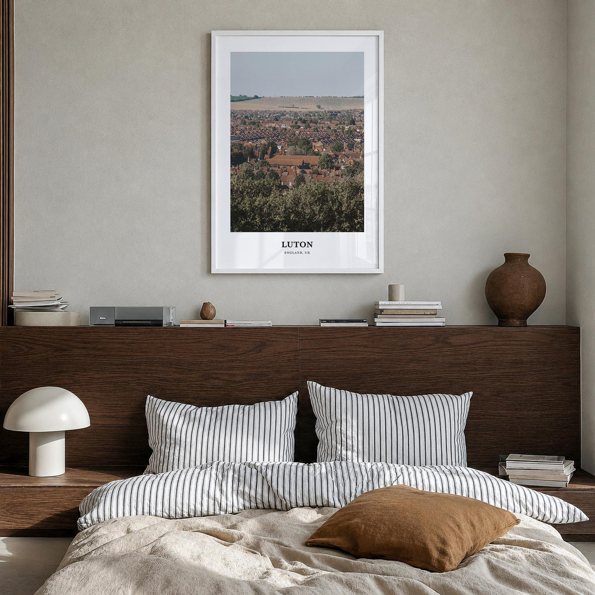 Luton colorful classic poster of United Kingdom – vertical wall art in white wood frame, hanging on wall