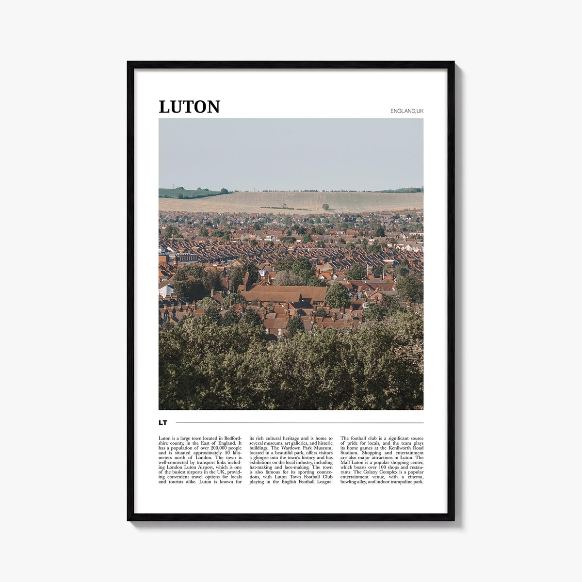 Luton colorful travel poster of United Kingdom – vertical wall art, unframed print shown in interior mockup
