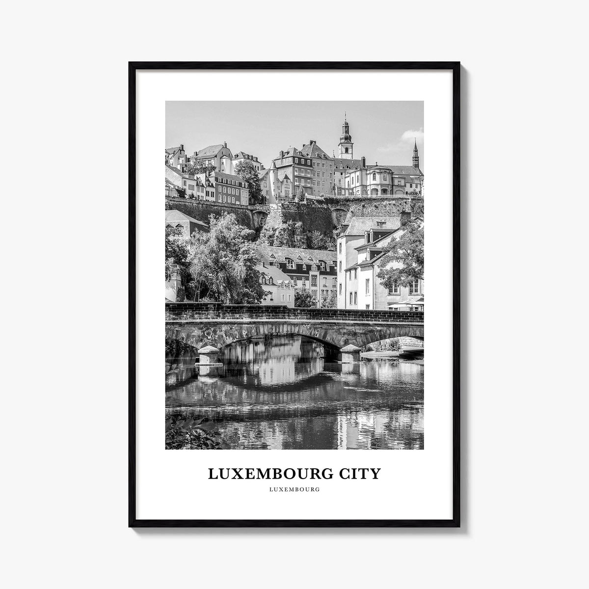 Luxembourg City black & white classic poster of Luxembourg – vertical wall art, unframed print shown in interior mockup
