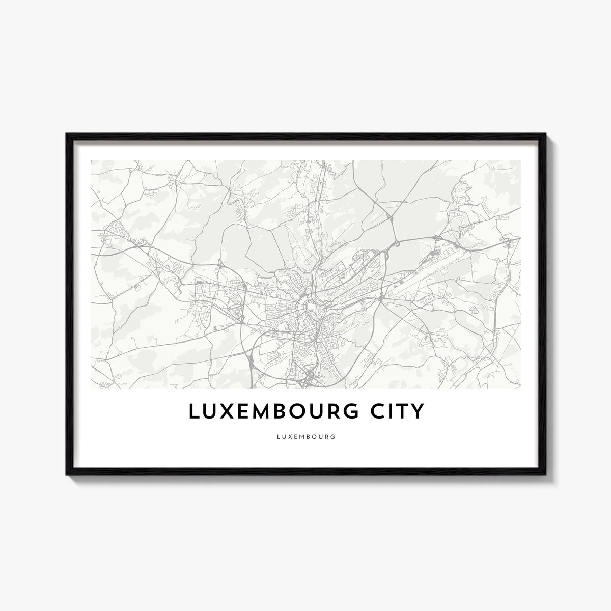 Luxembourg City black & white map poster of Luxembourg – horizontal wall art, unframed print shown in interior mockup