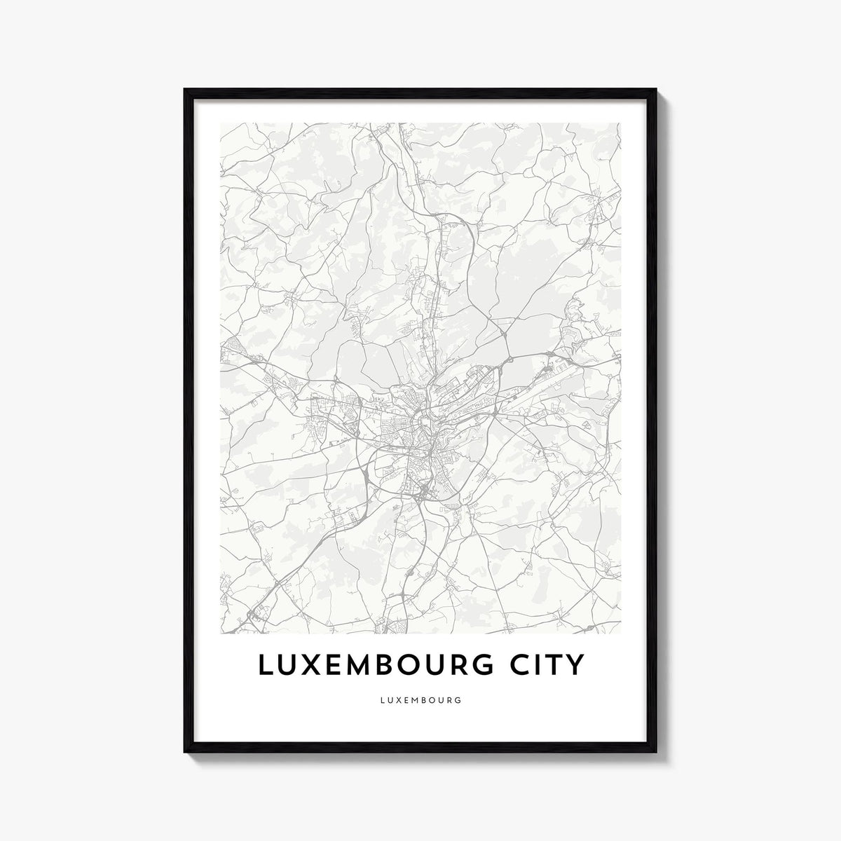 Luxembourg City black & white map poster of Luxembourg – vertical wall art, unframed print shown in interior mockup