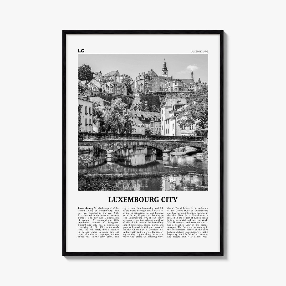 Luxembourg City black & white newspaper poster of Luxembourg – vertical wall art, unframed print shown in interior mockup