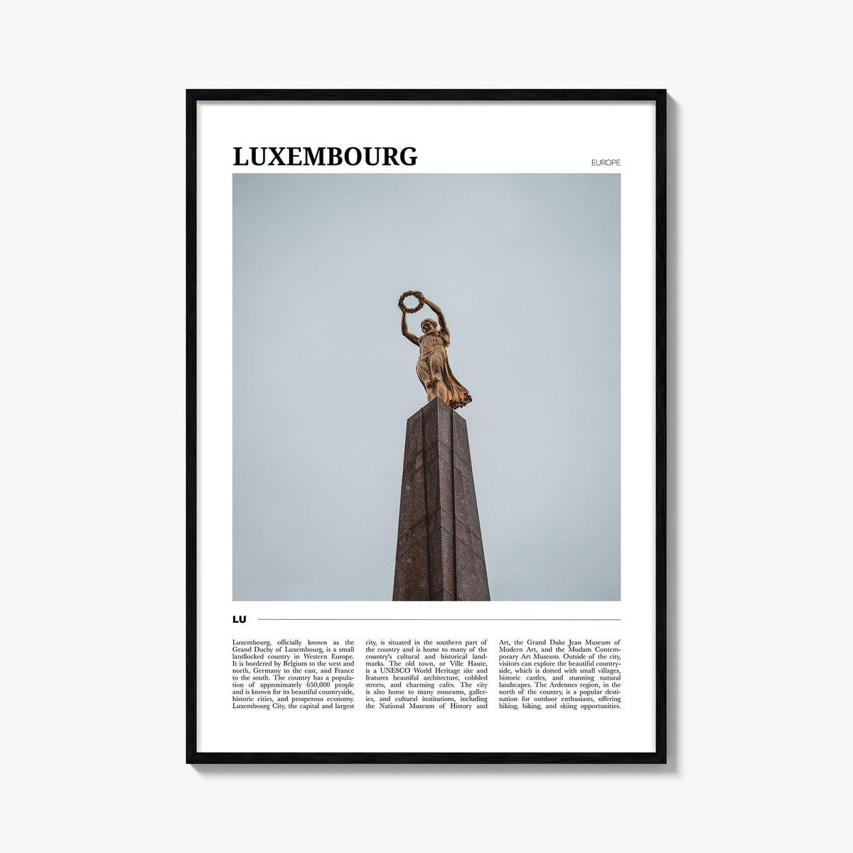 Luxembourg colorful travel poster of Europe – vertical wall art, unframed print shown in interior mockup