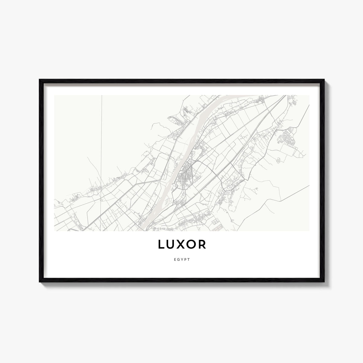 Luxor black & white map poster of Egypt – horizontal wall art, unframed print shown in interior mockup