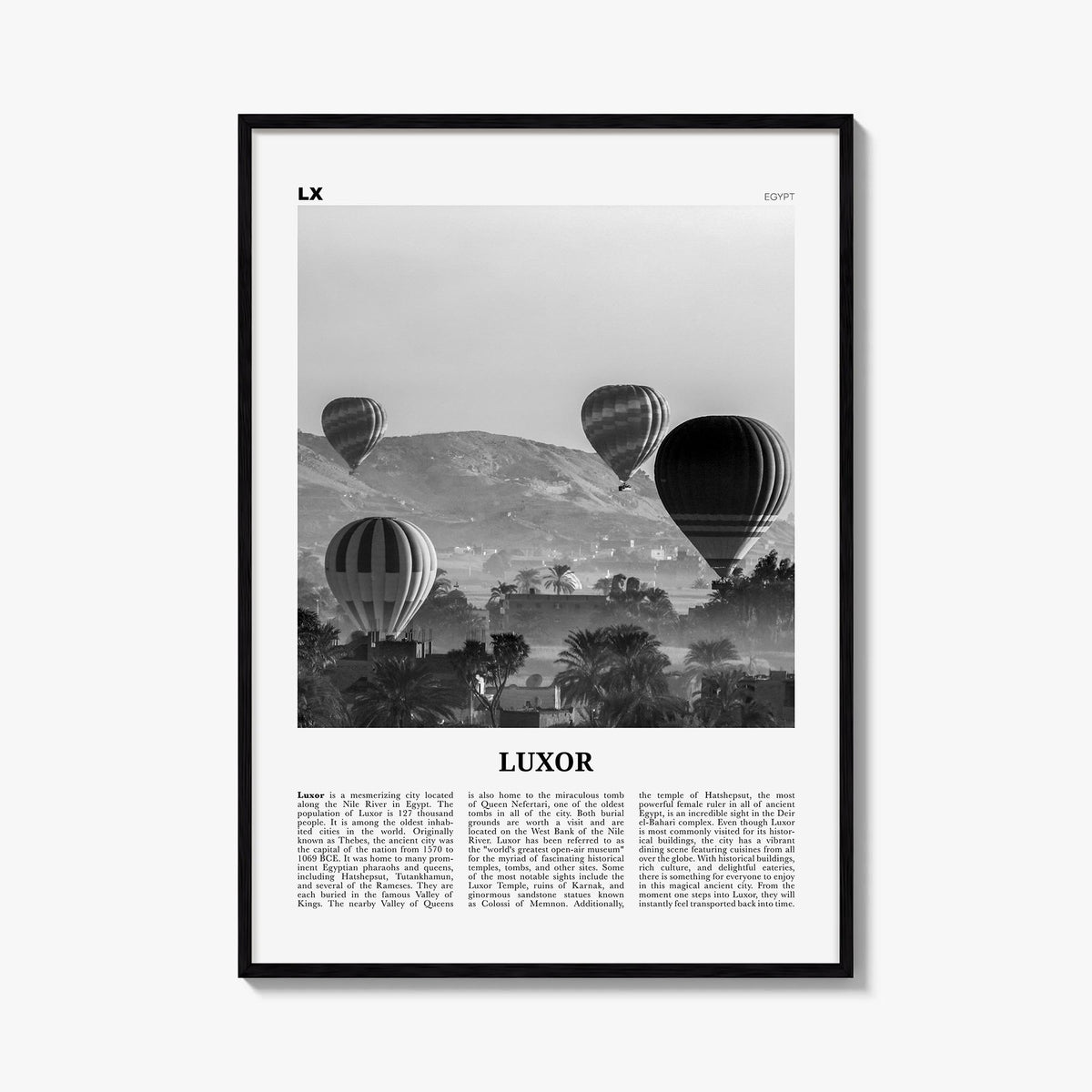 Luxor black & white newspaper poster of Egypt – vertical wall art, unframed print shown in interior mockup