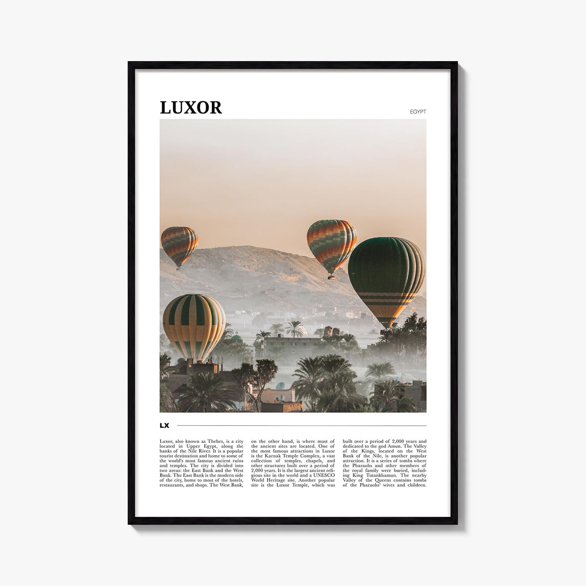Luxor colorful travel poster of Egypt – vertical wall art, unframed print shown in interior mockup