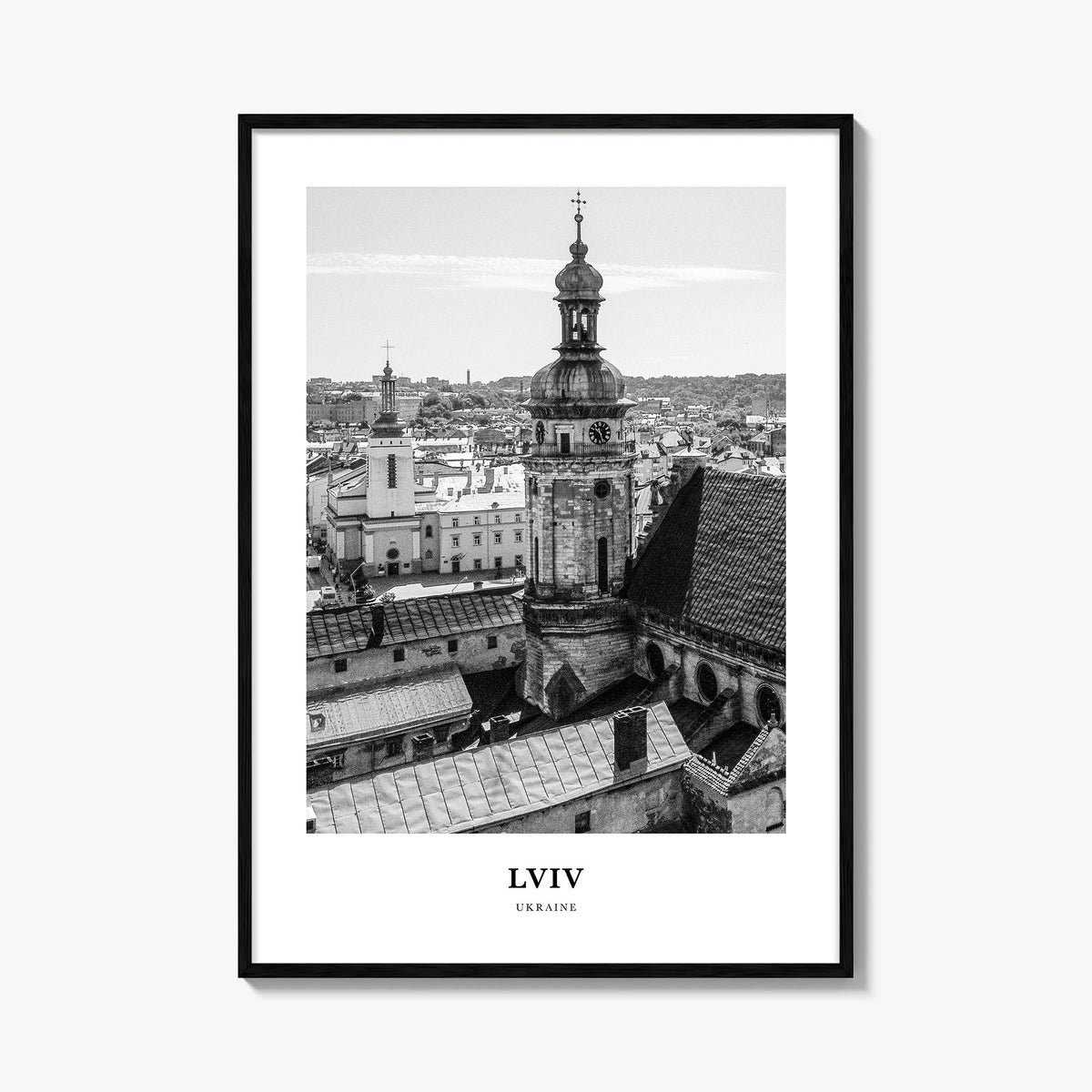 Lviv black & white classic poster of Ukraine – vertical wall art, unframed print shown in interior mockup