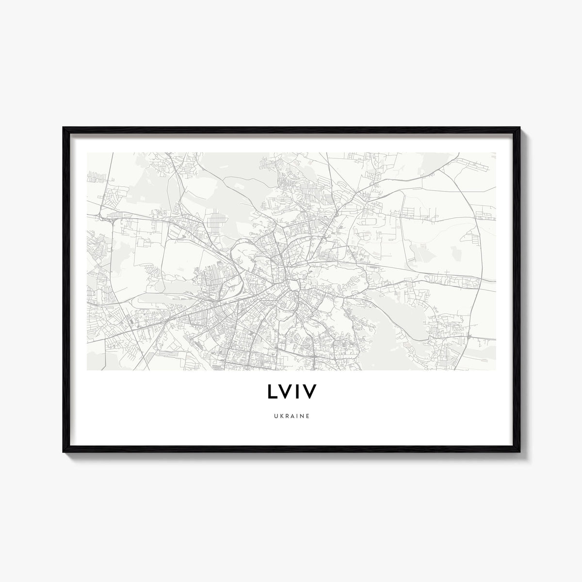 Lviv black & white map poster of Ukraine – horizontal wall art, unframed print shown in interior mockup