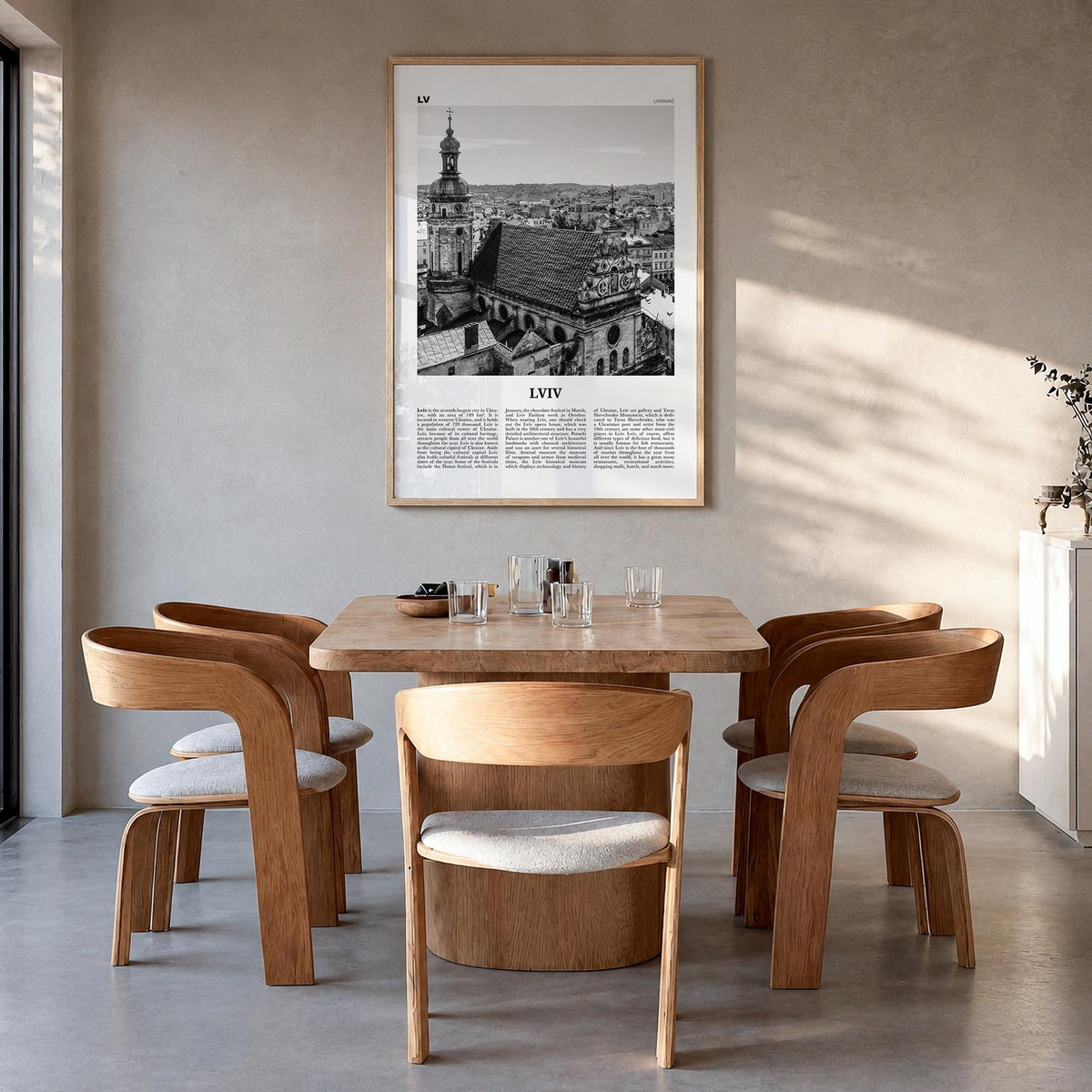 Lviv black & white newspaper poster of Ukraine – vertical wall art in natural wood frame, hanging on wall