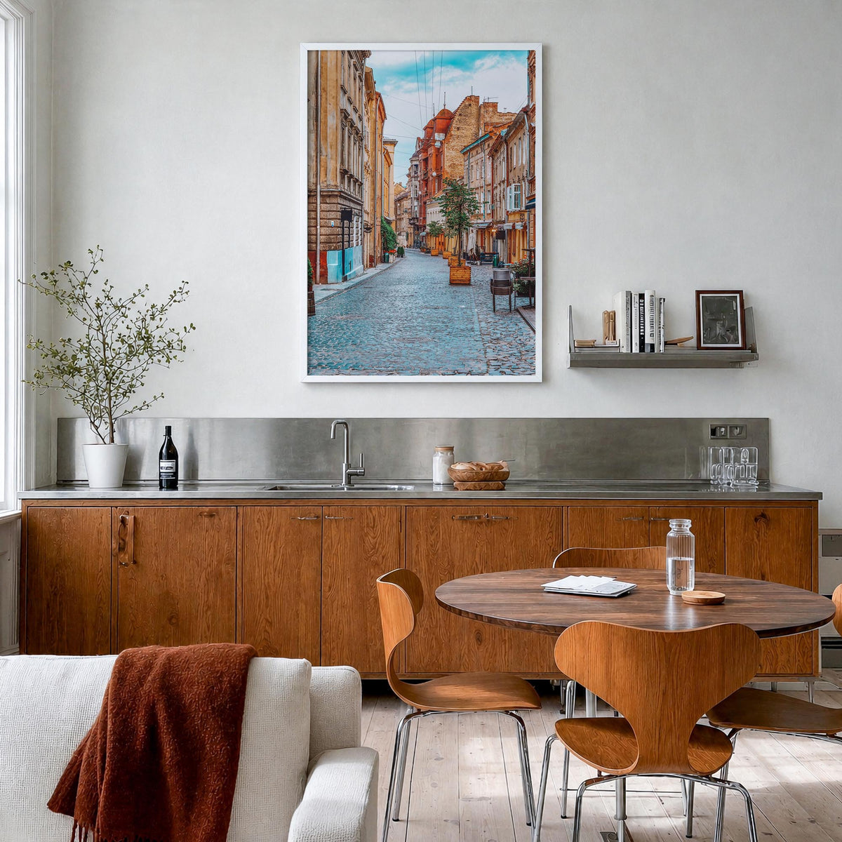 Lviv colorful photo poster of Ukraine – vertical wall art in white wood frame, hanging on wall