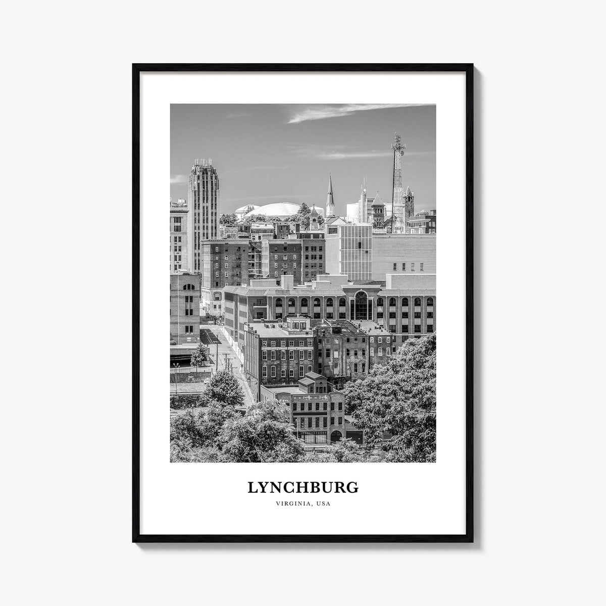 Lynchburg black & white classic poster of Virginia, USA – vertical wall art, unframed print shown in interior mockup