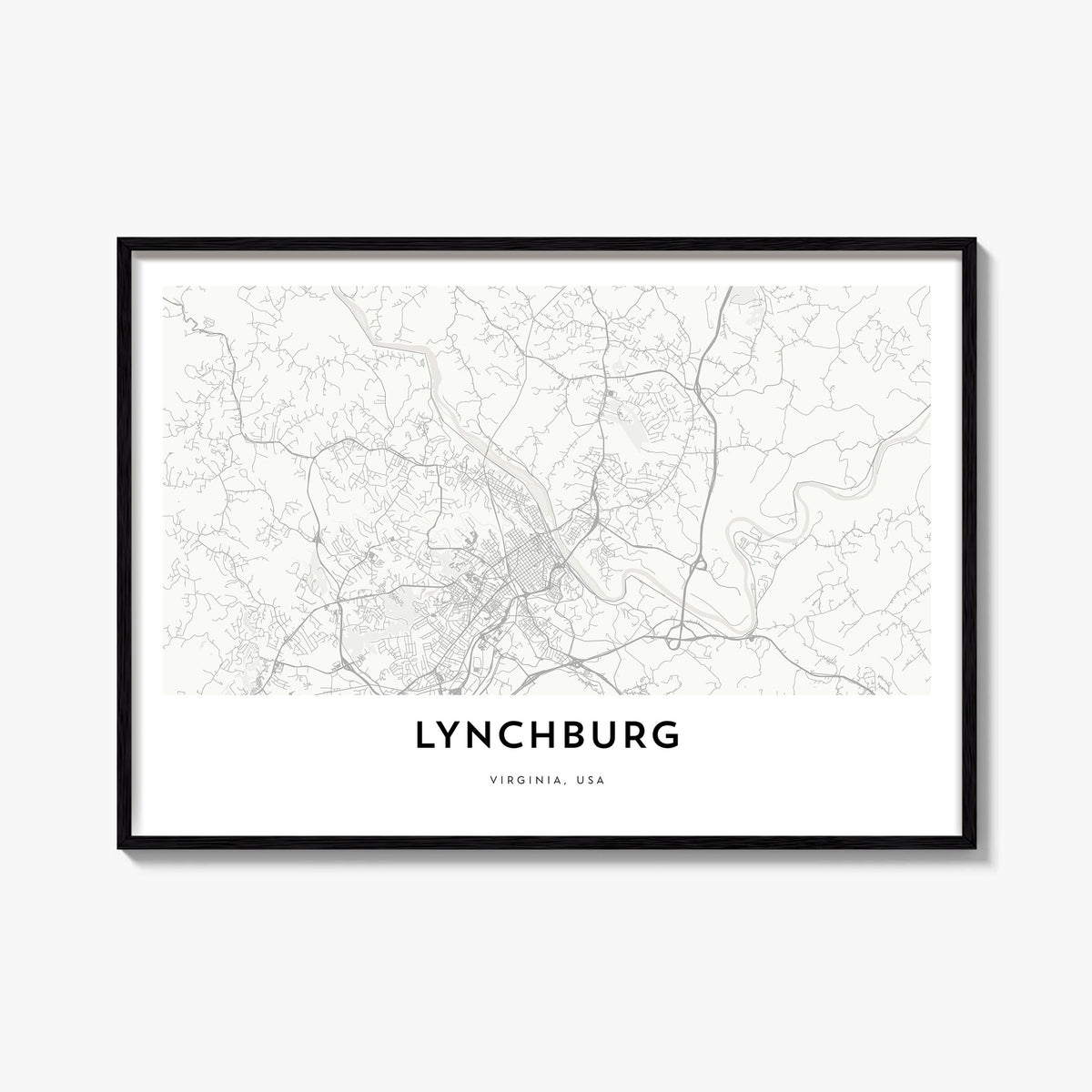 Lynchburg black & white map poster of Virginia, USA – horizontal wall art, unframed print shown in interior mockup
