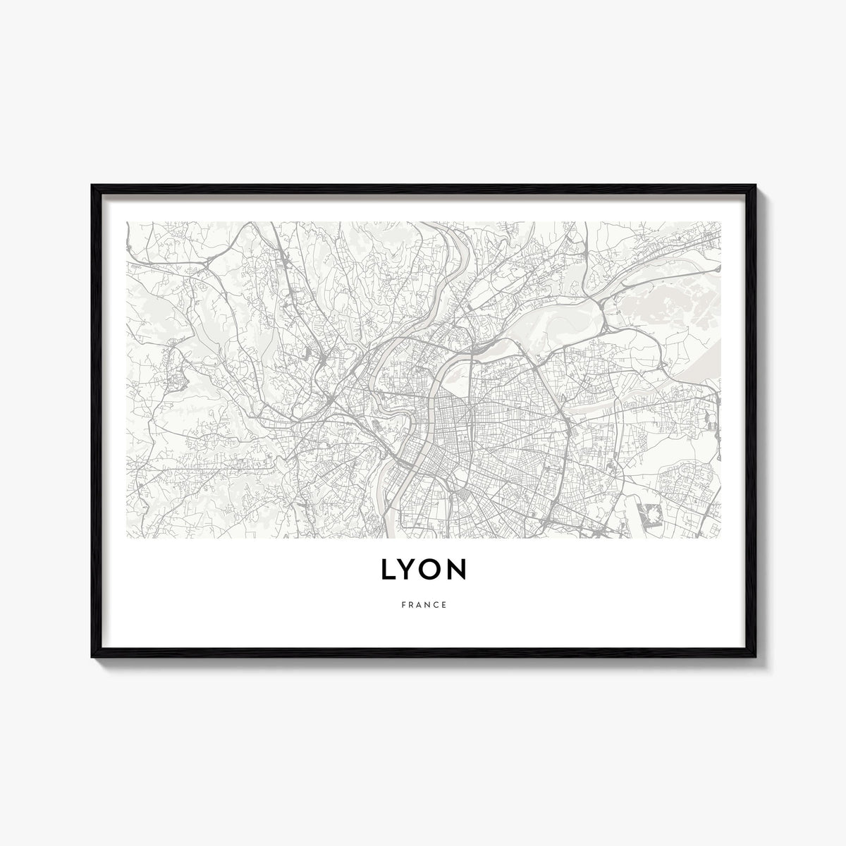 Lyon black & white map poster of France – horizontal wall art, unframed print shown in interior mockup