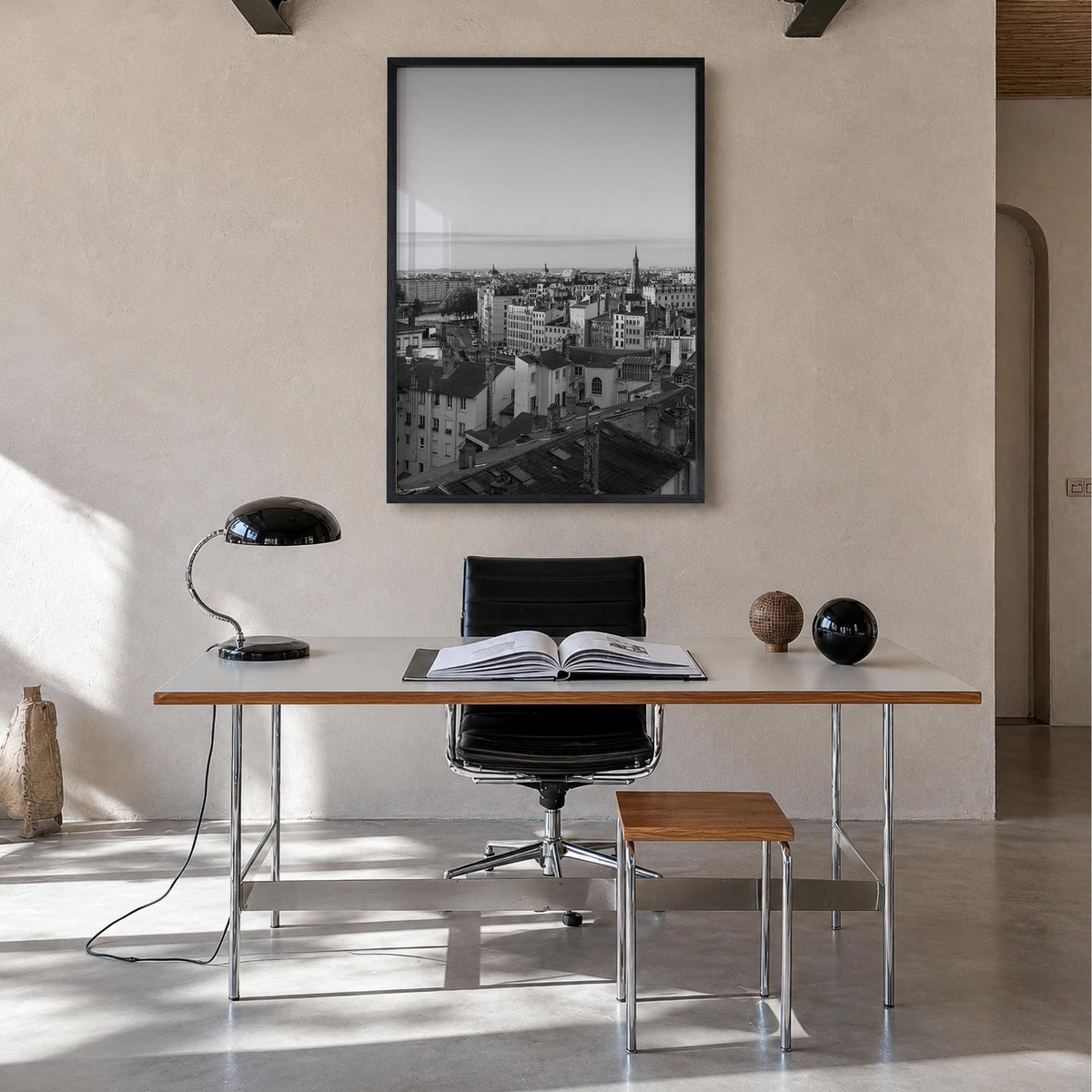 Lyon black & white photo poster of France – vertical wall art in black wood frame, hanging on wall