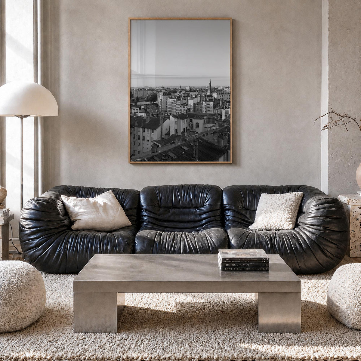 Lyon black & white photo poster of France – vertical wall art in natural wood frame, hanging on wall