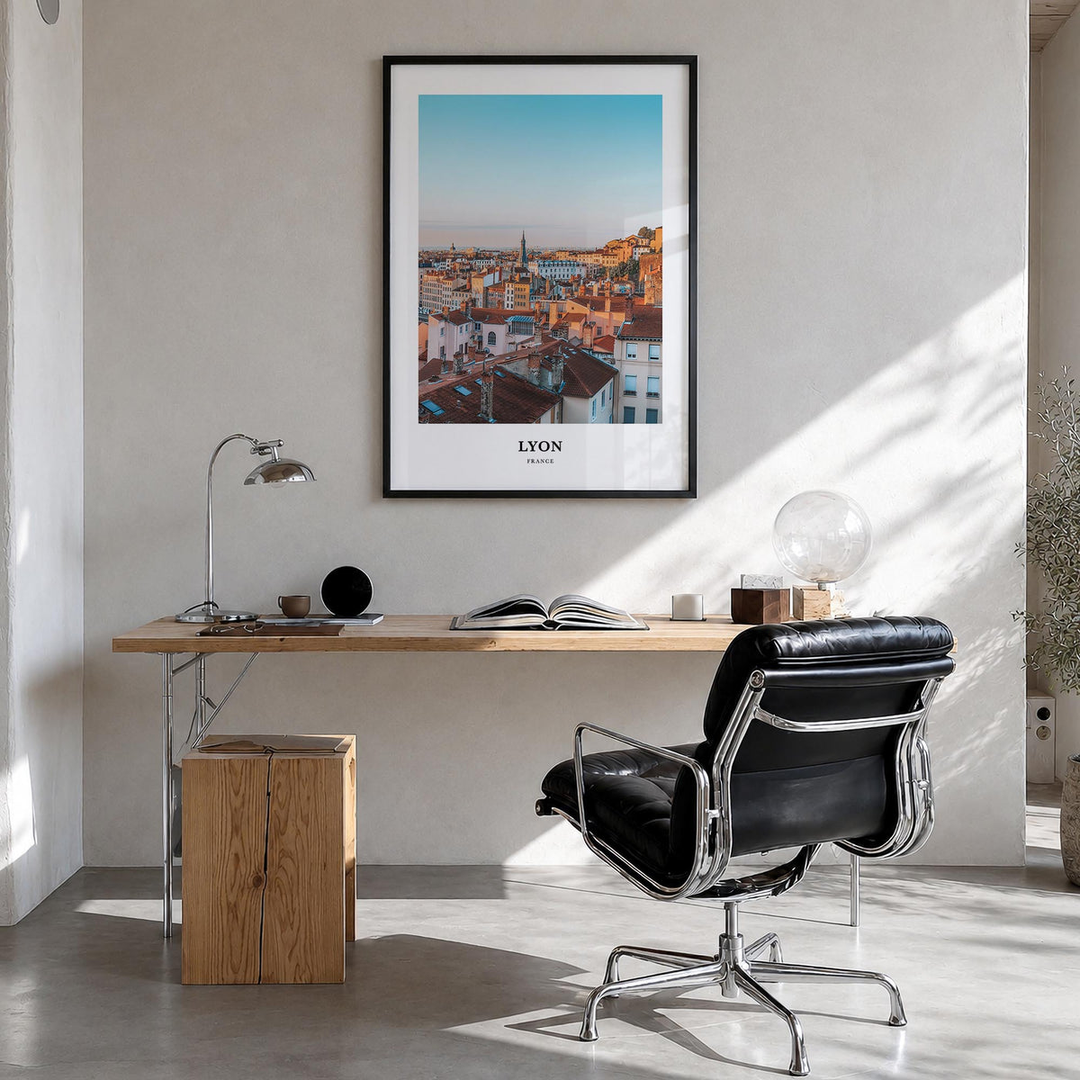 Lyon no. 1 colorful classic poster of France – vertical wall art in black wood frame, hanging on wall