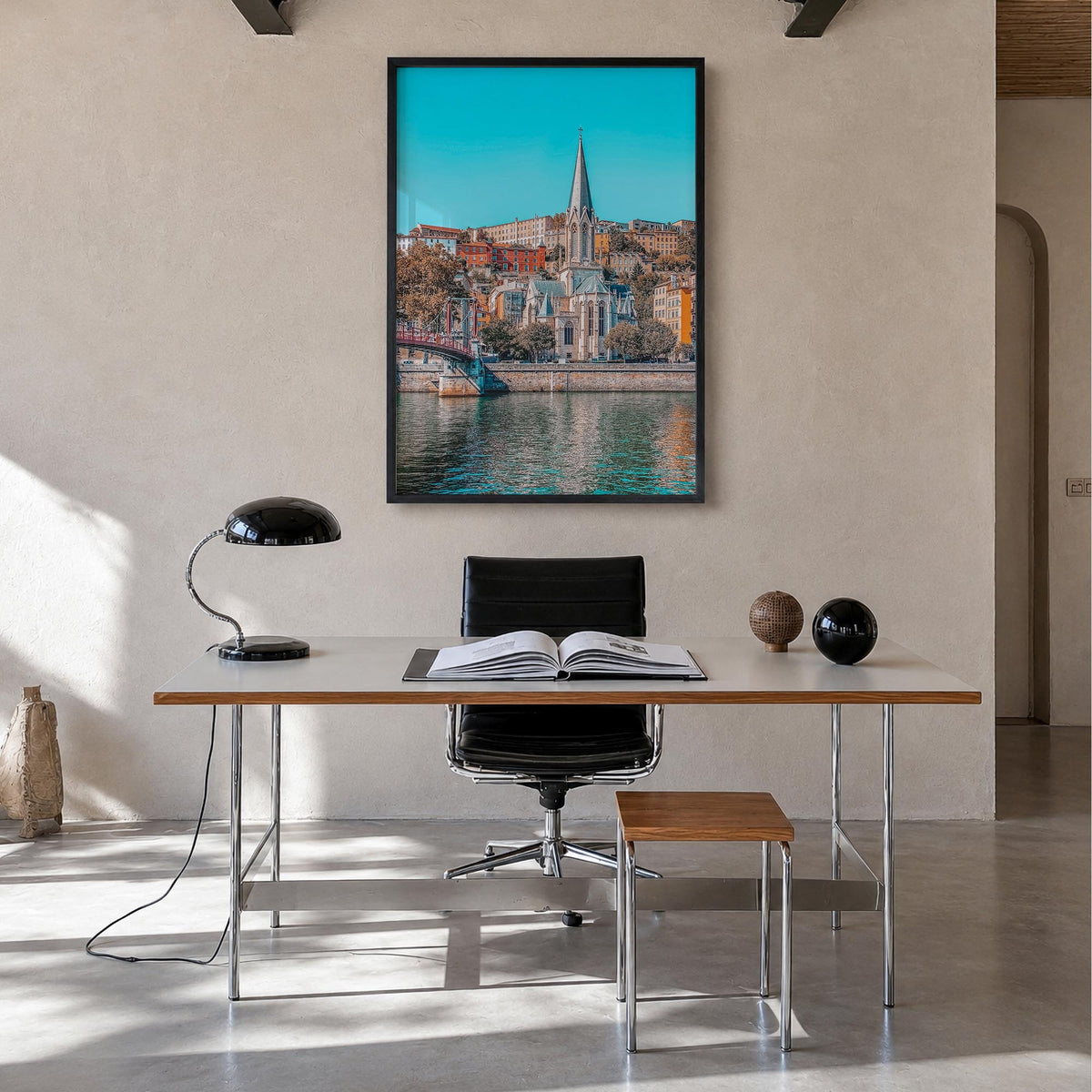 Lyon colorful photo poster of France – vertical wall art in black wood frame, hanging on wall