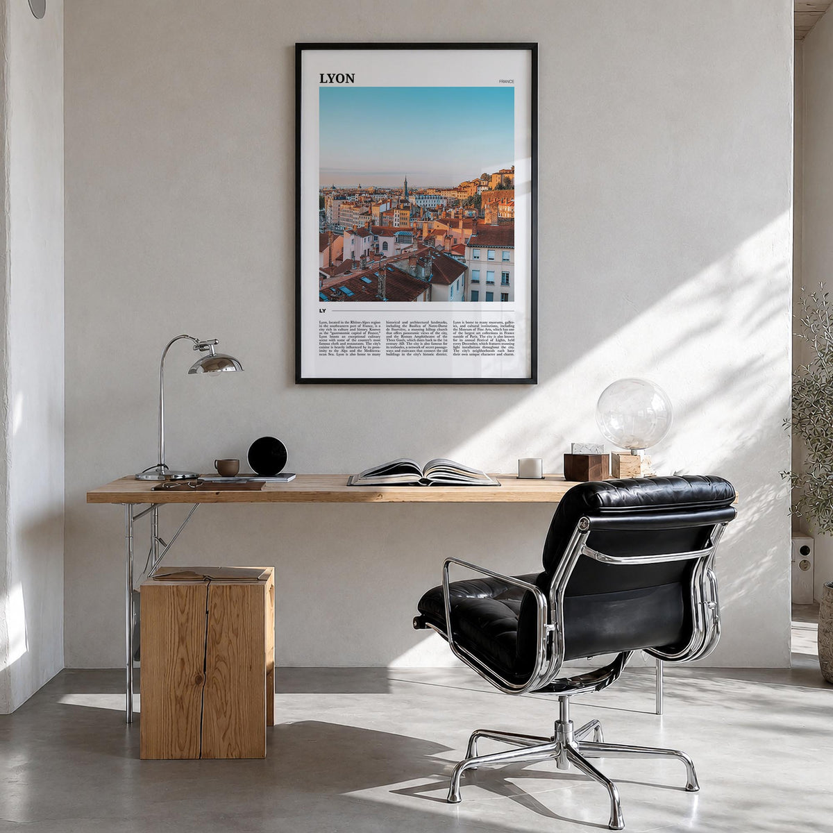 Lyon no. 1 colorful travel poster of France – vertical wall art in black wood frame, hanging on wall