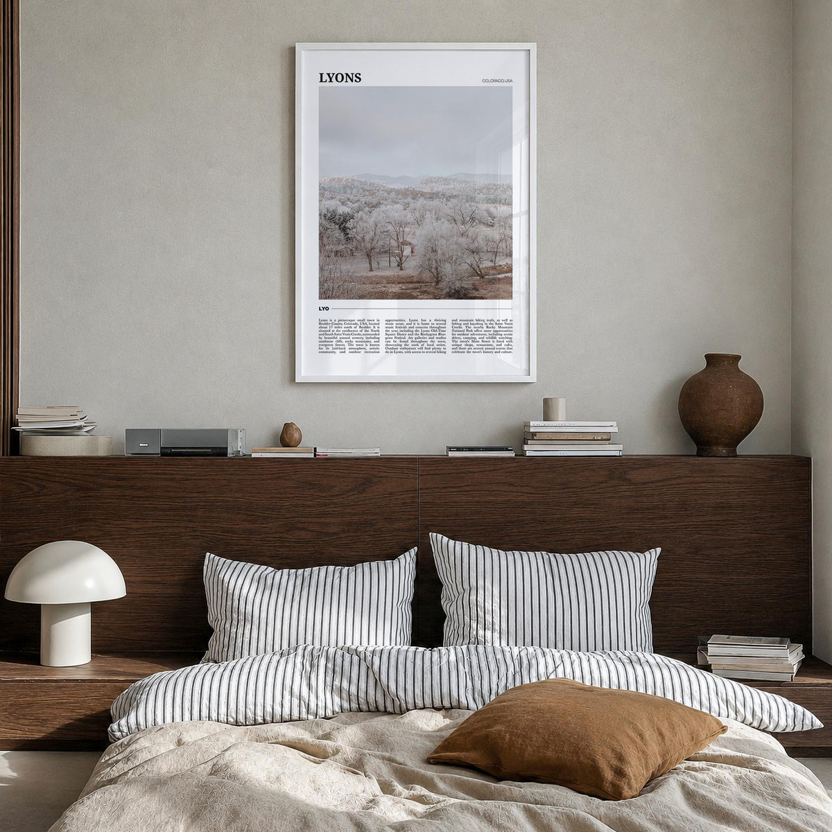 Lyon no. 2 colorful travel poster of France – vertical wall art in white wood frame, hanging on wall