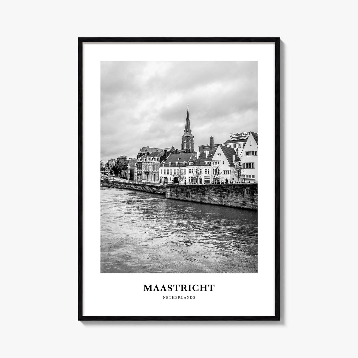 Maastricht black & white classic poster of Netherlands – vertical wall art, unframed print shown in interior mockup