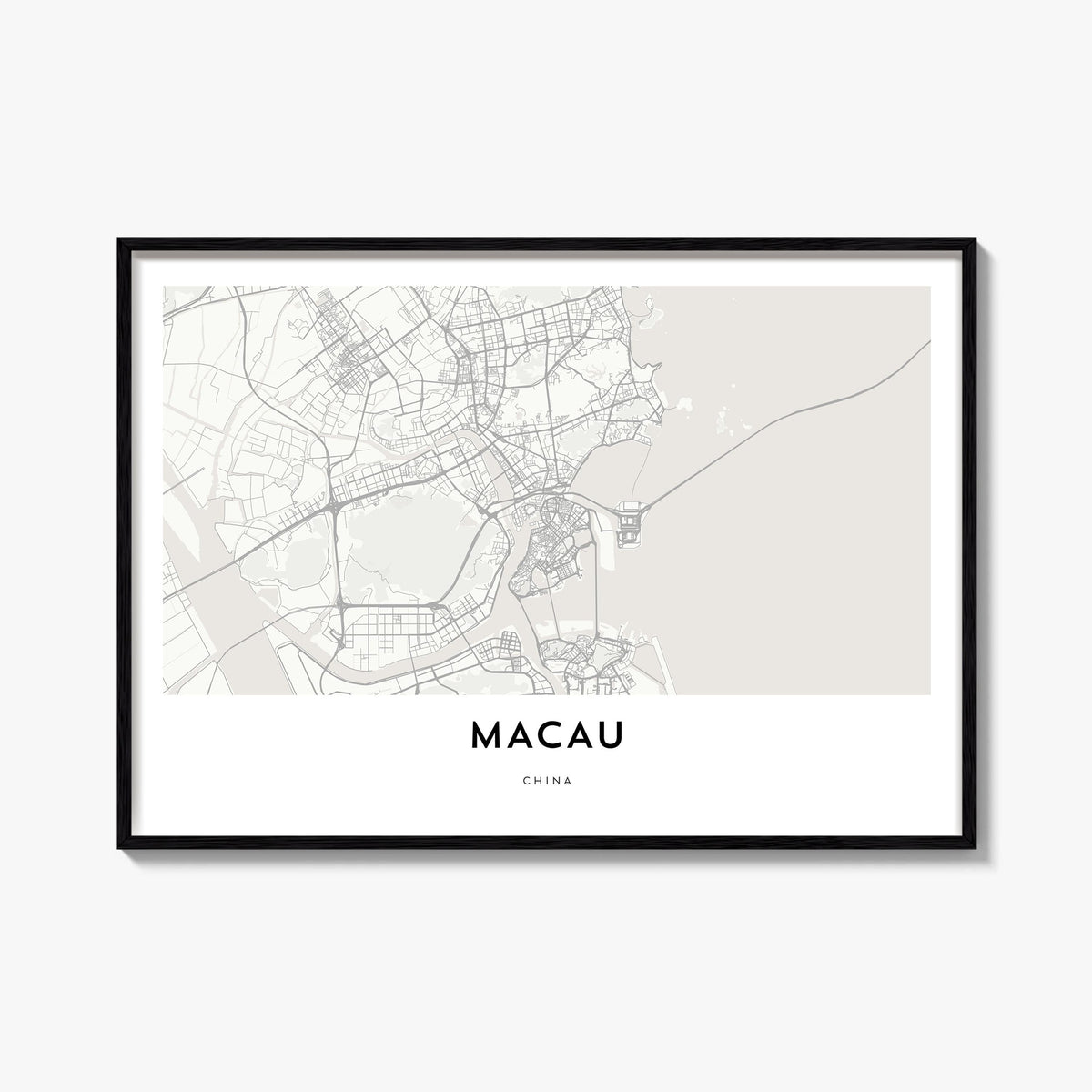 Macau black & white map poster of Asia – horizontal wall art, unframed print shown in interior mockup