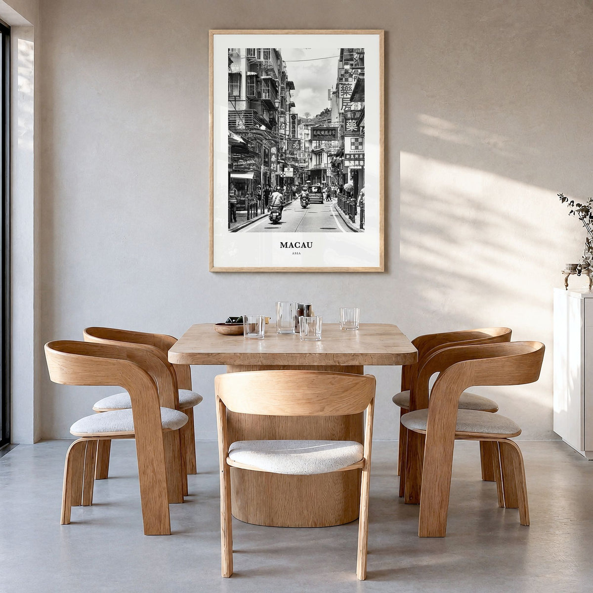 Macau Classic Poster in a natural wood frame, hanging in a dining room