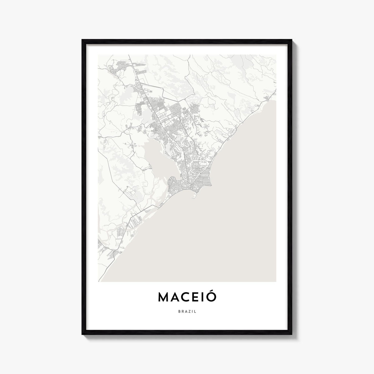 Maceió black & white map poster of Brazil – vertical wall art, unframed print shown in interior mockup