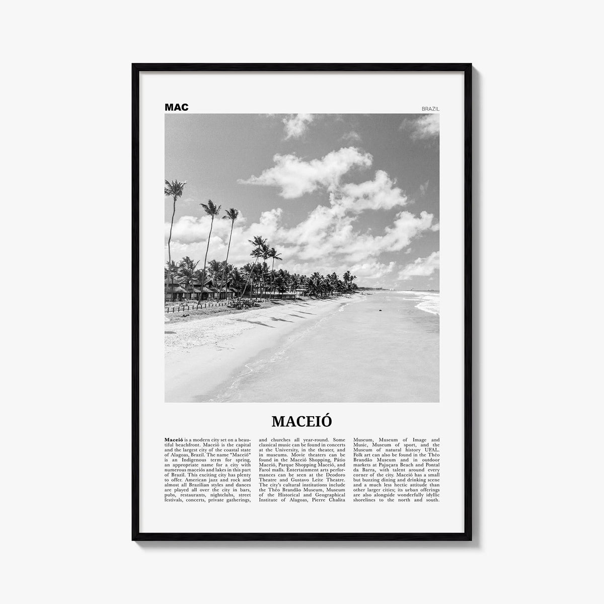 Maceió black & white newspaper poster of Brazil – vertical wall art, unframed print shown in interior mockup
