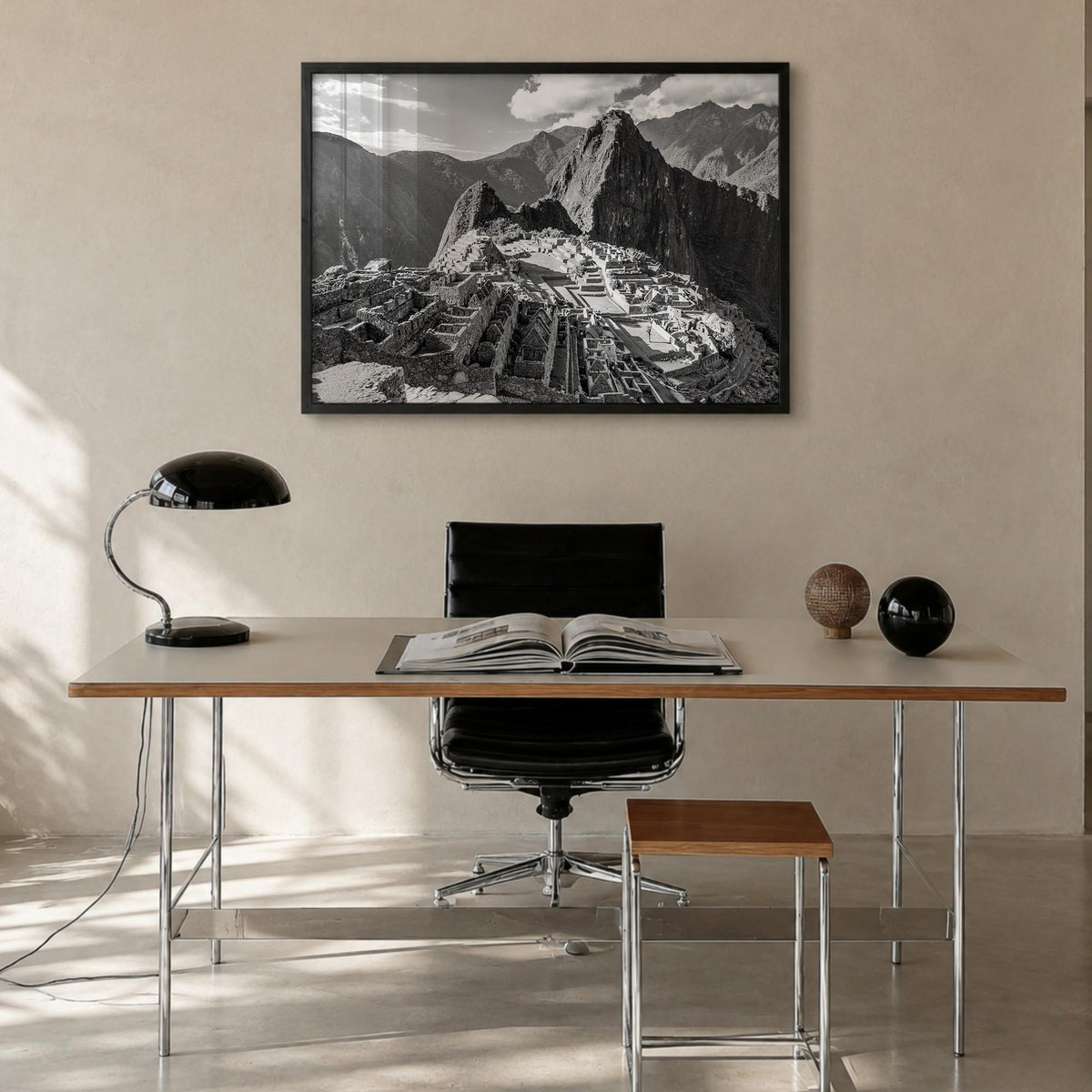 Machu Picchu black & white photo poster of Peru – horizontal wall art in black wood frame, hanging on wall