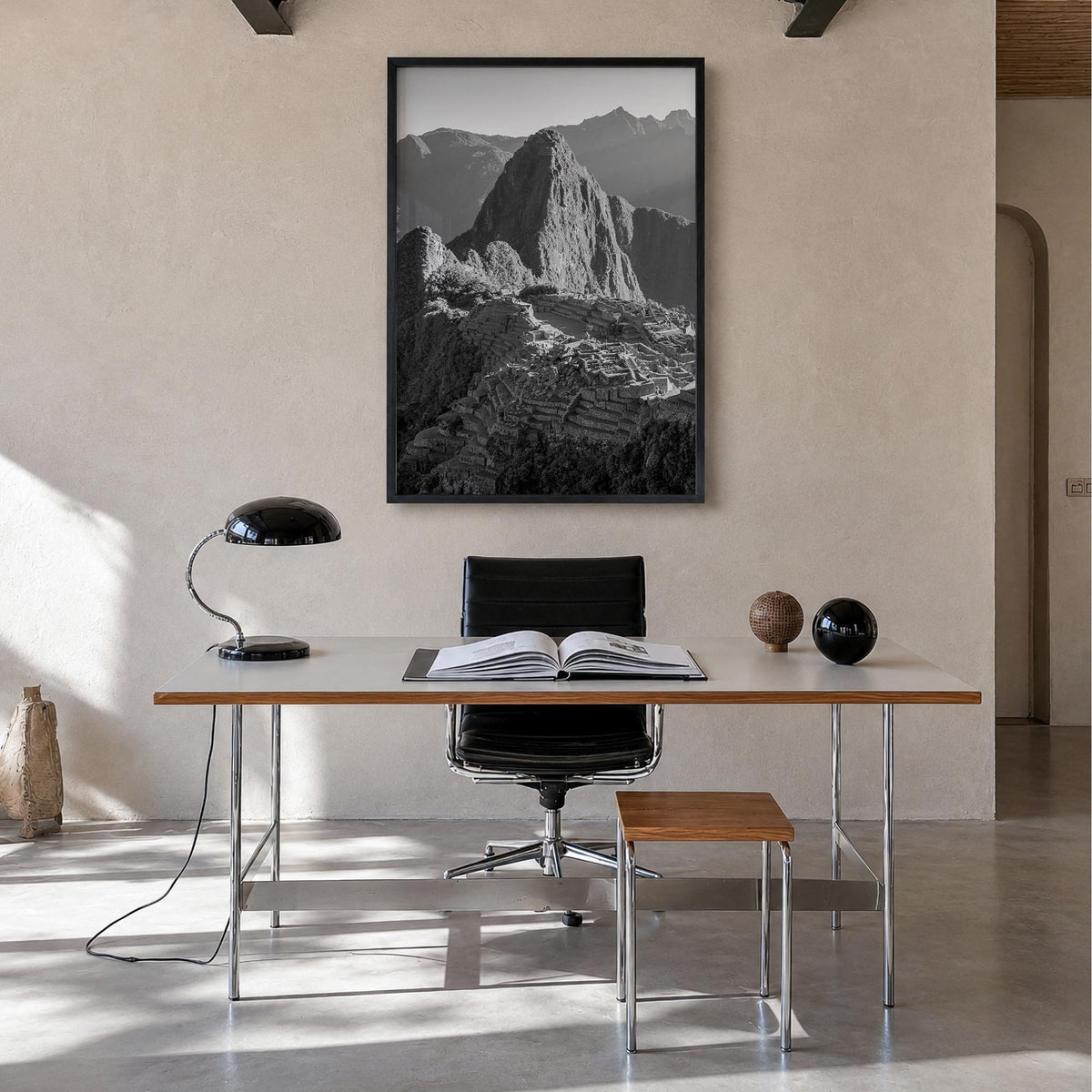 Machu Picchu black & white photo poster of Peru – vertical wall art in black wood frame, hanging on wall