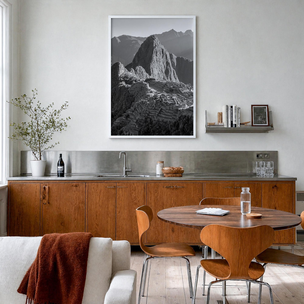 Machu Picchu black & white photo poster of Peru – vertical wall art in white wood frame, hanging on wall