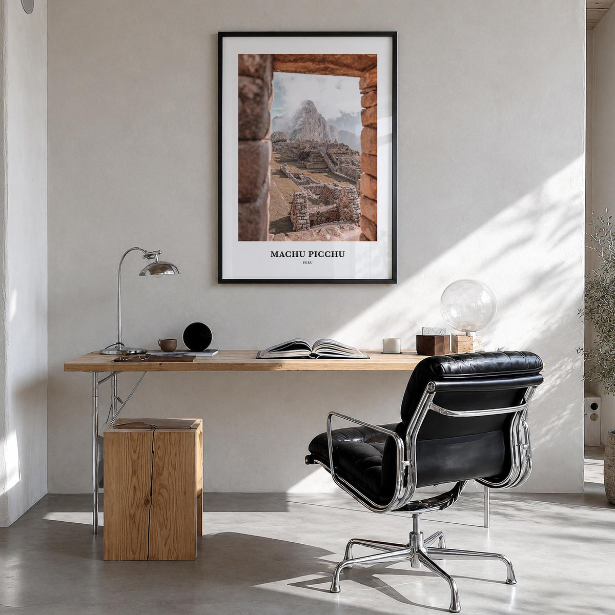 Machu Picchu colorful classic poster of Peru – vertical wall art in black wood frame, hanging on wall