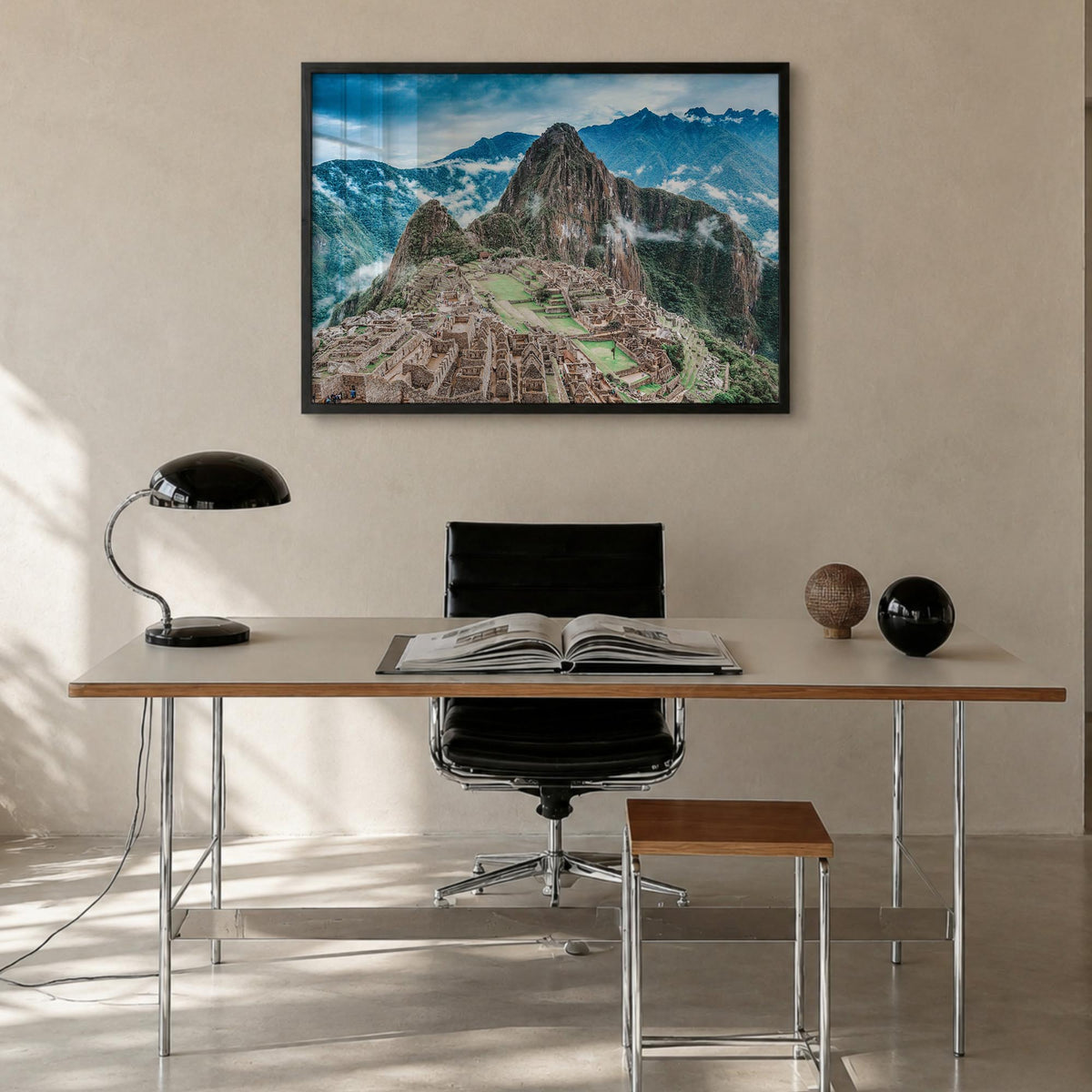 Machu Picchu colorful photo poster of Peru – horizontal wall art in black wood frame, hanging on wall