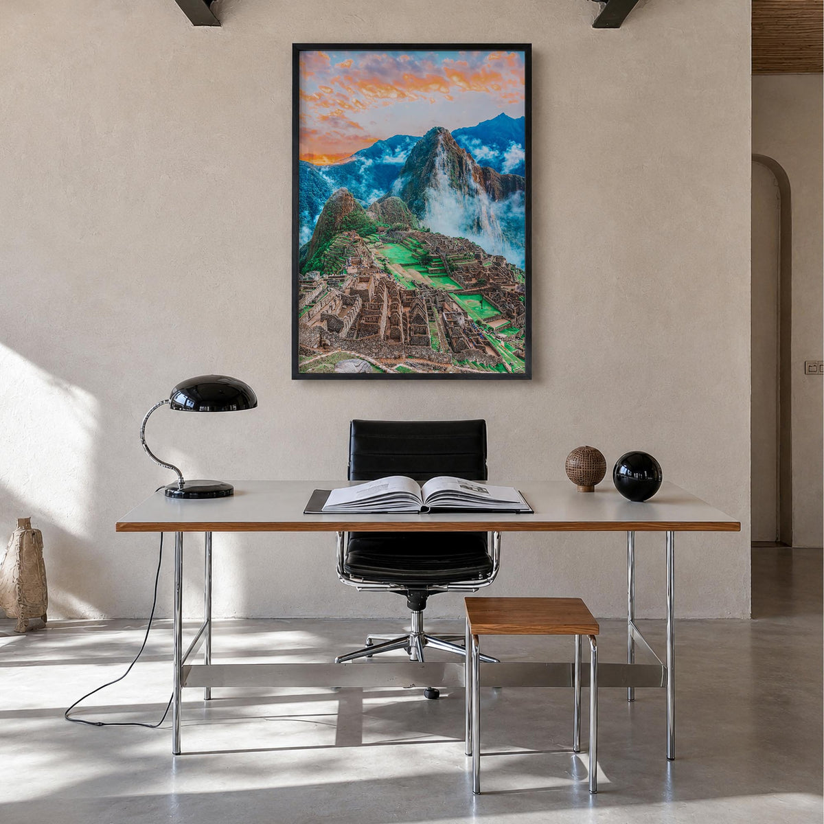 Machu Picchu no. 1 colorful photo poster of Peru – vertical wall art in black wood frame, hanging on wall