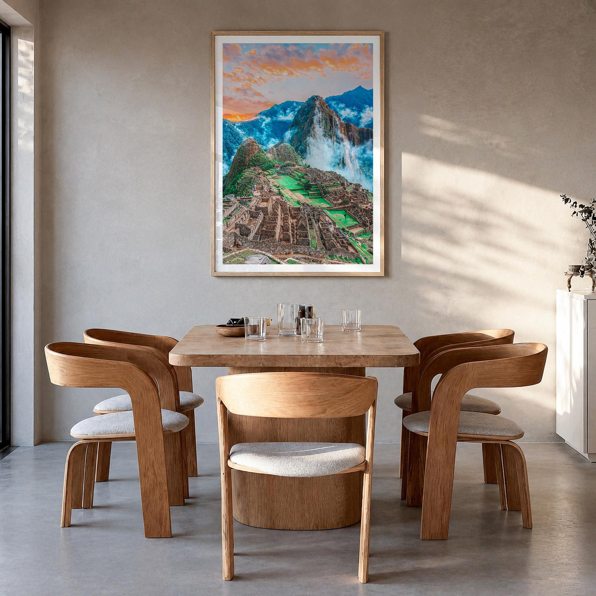Machu Picchu no. 1 colorful photo poster of Peru – vertical wall art in natural wood frame with white border, hanging on wall