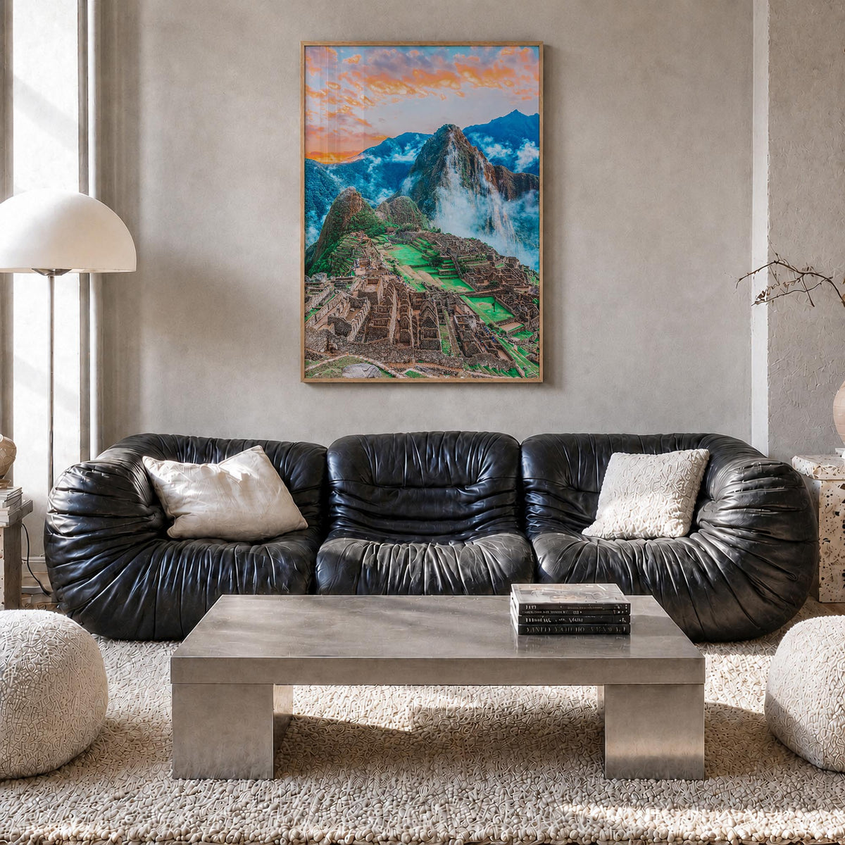 Machu Picchu no. 1 colorful photo poster of Peru – vertical wall art in natural wood frame, hanging on wall