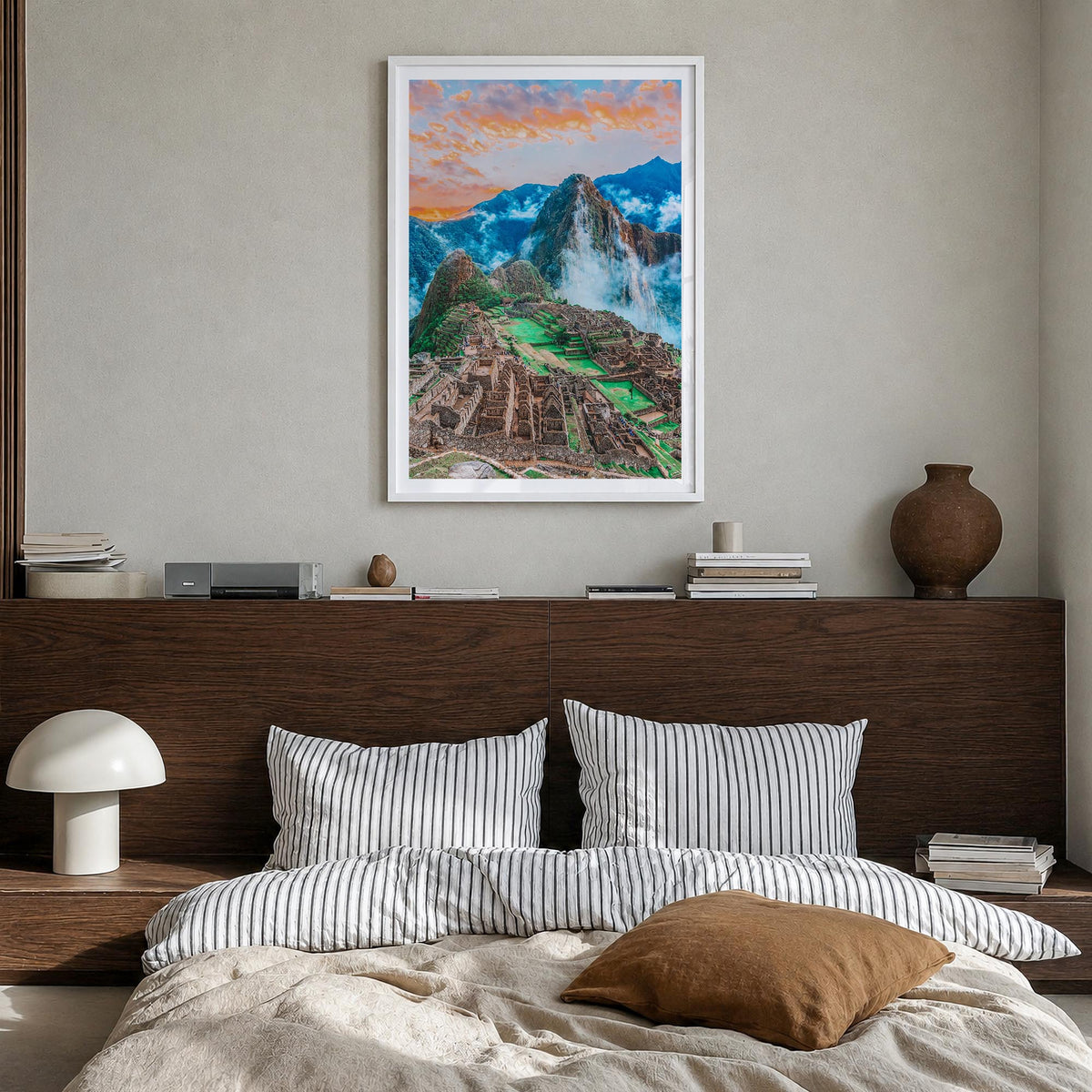 Machu Picchu no. 1 colorful photo poster of Peru – vertical wall art in white wood frame with white border, hanging on wall